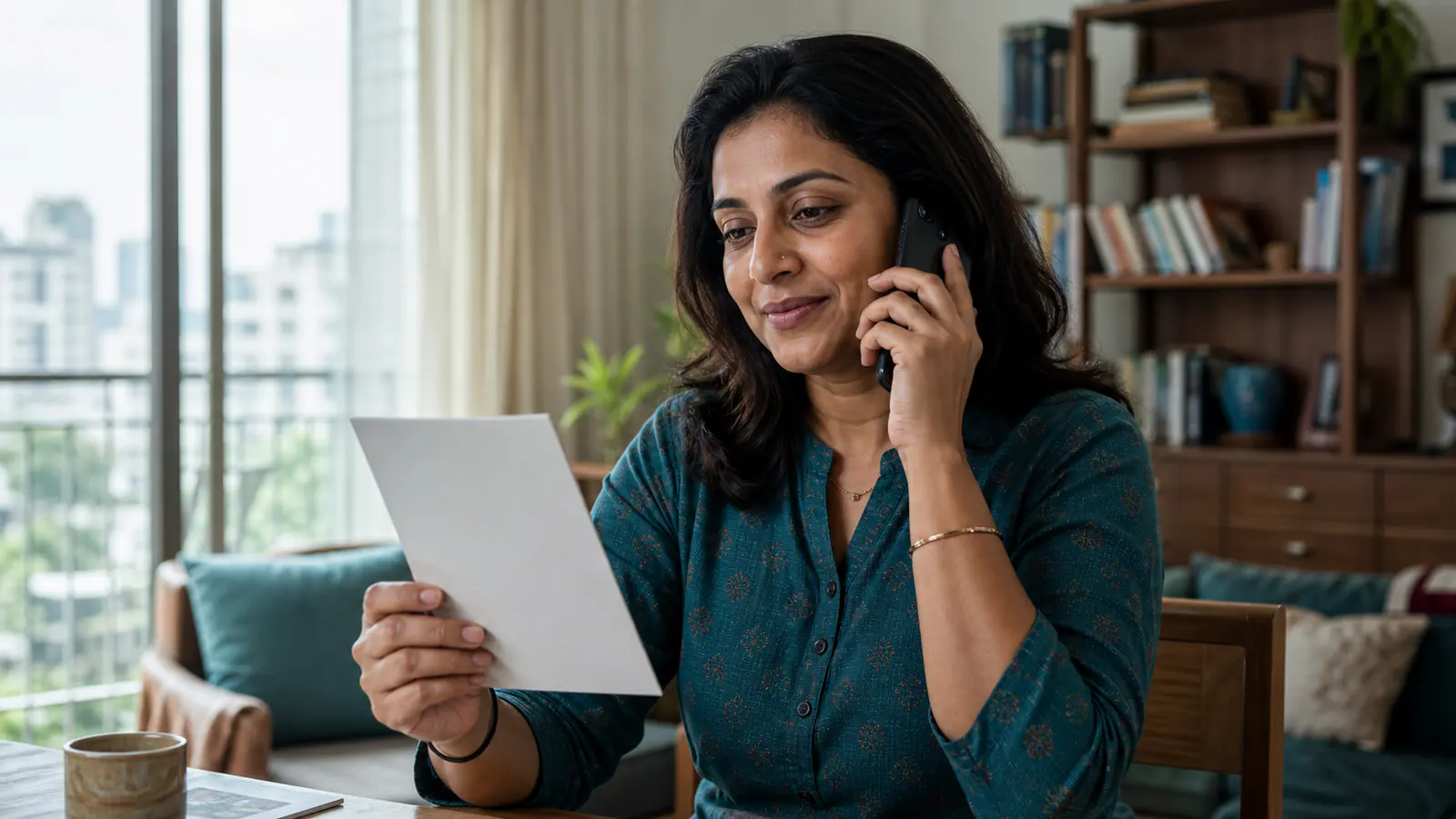 Indian property owner discussing an enquiry on her mobile phone at home