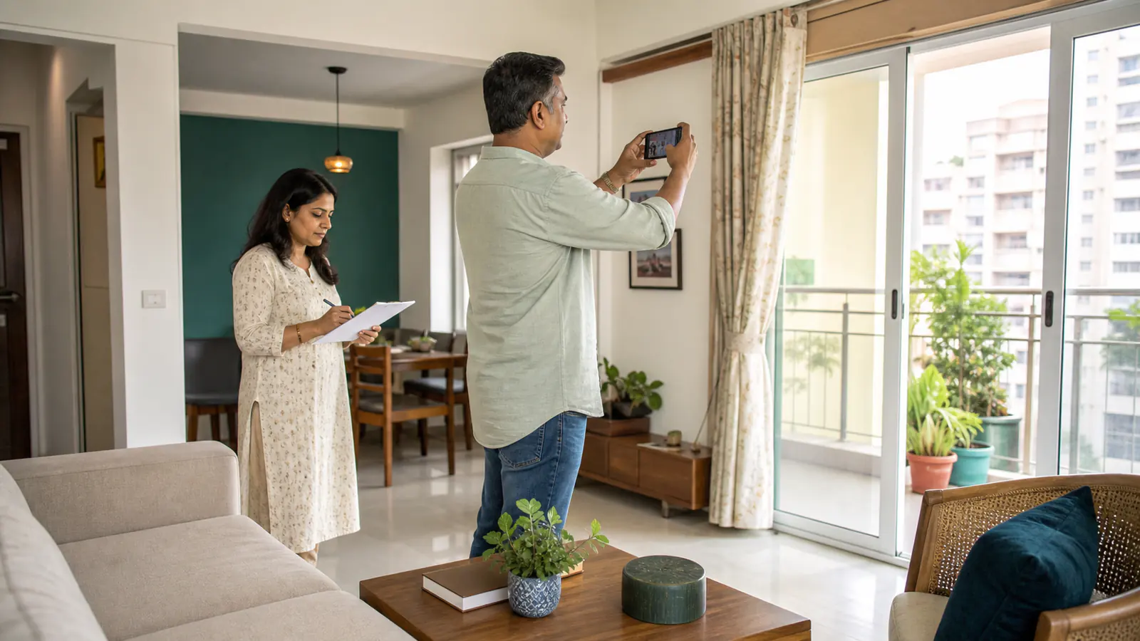 Indian couple preparing clear photographs for a property listing