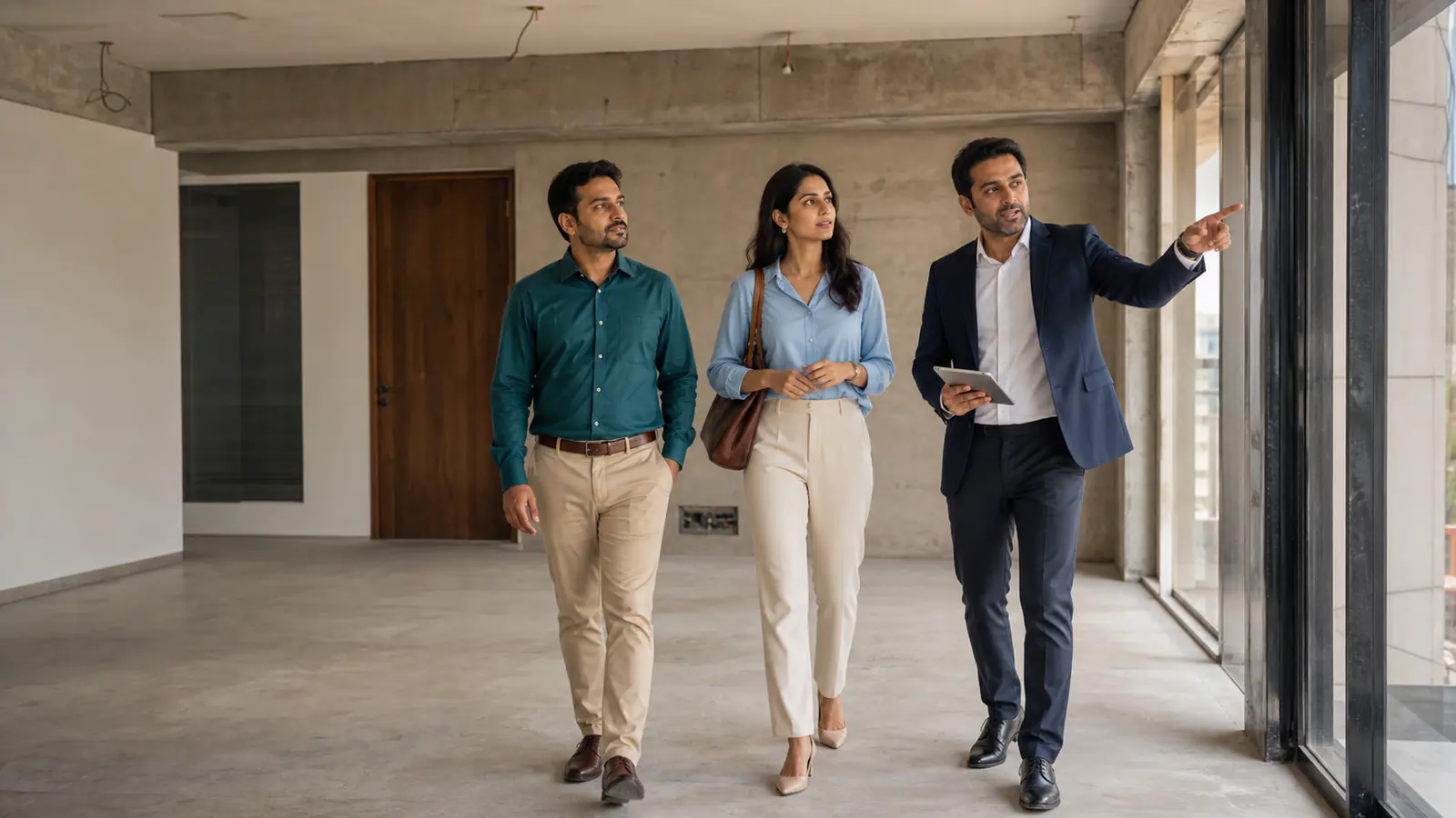 Indian couple viewing a commercial property with an adviser