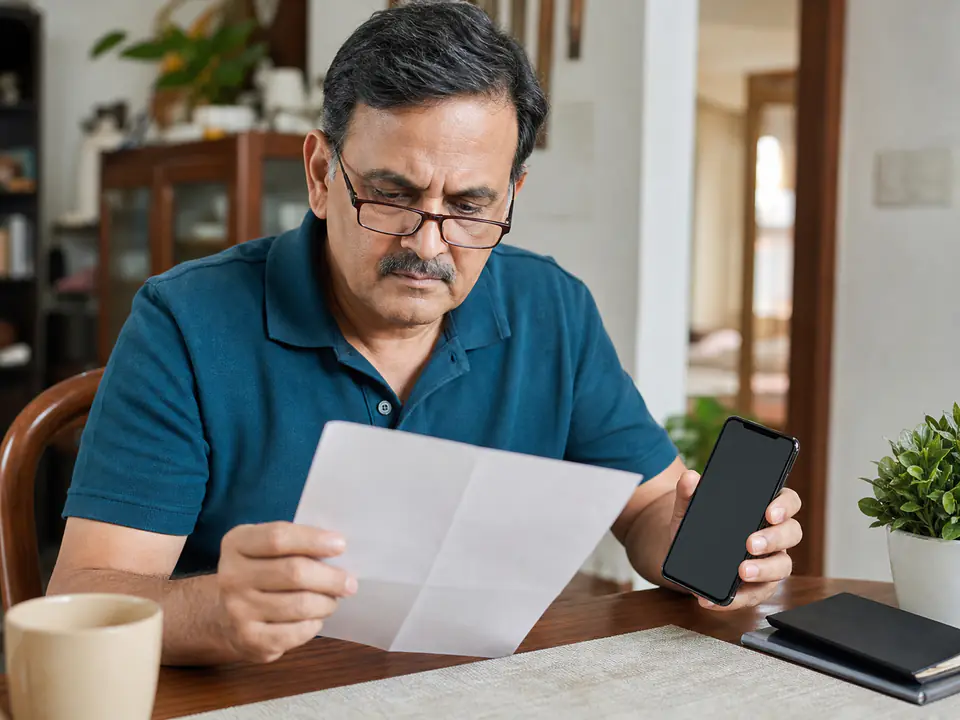 Indian homeowner reviewing a property bill beside his mobile phone