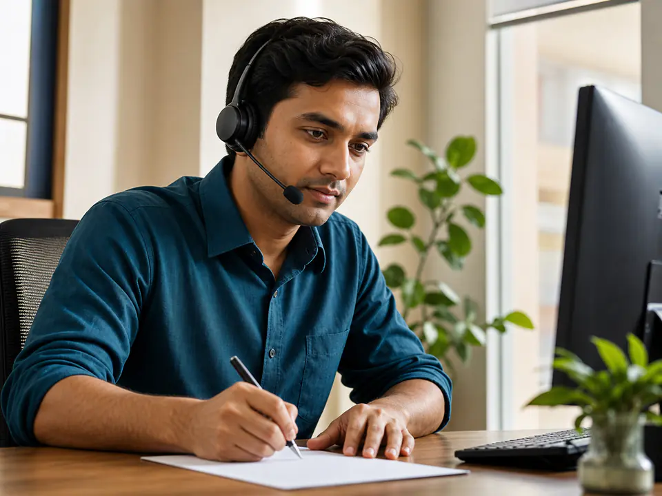 Customer care adviser listening attentively and writing down an enquiry