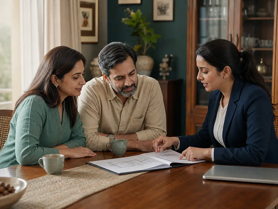 Indian couple discussing property insurance paperwork with an adviser