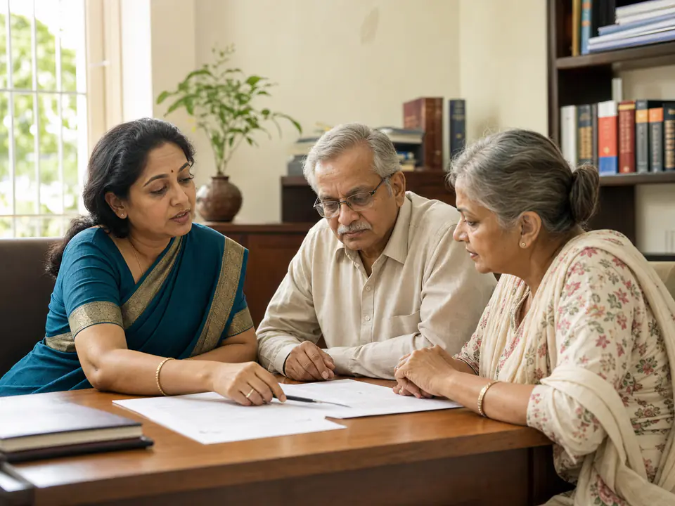 Indian family discussing property documents with a legal professional