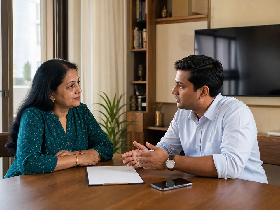 Indian property owner reviewing listing details with an adviser