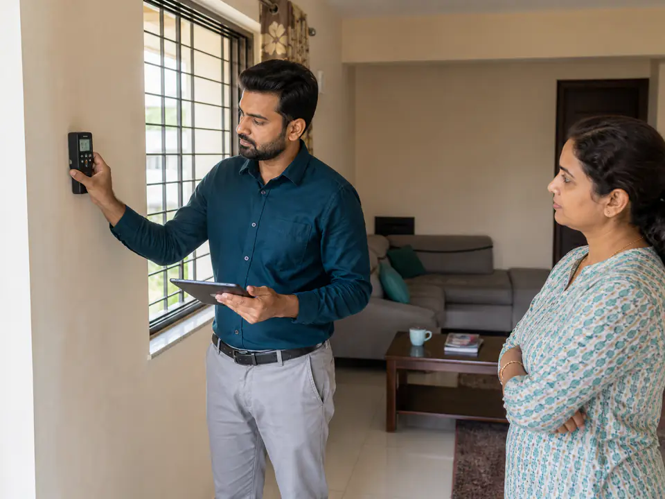 Property inspector checking a wall in an Indian apartment