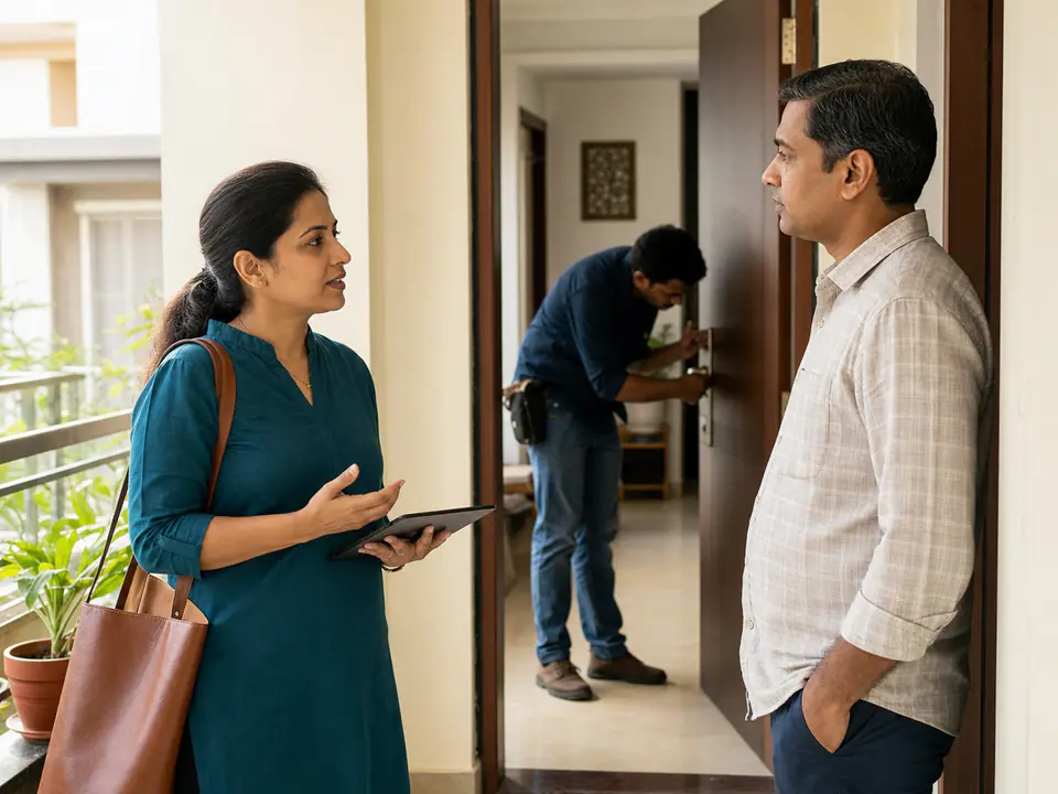 Resident, property manager and technician discussing maintenance at a home