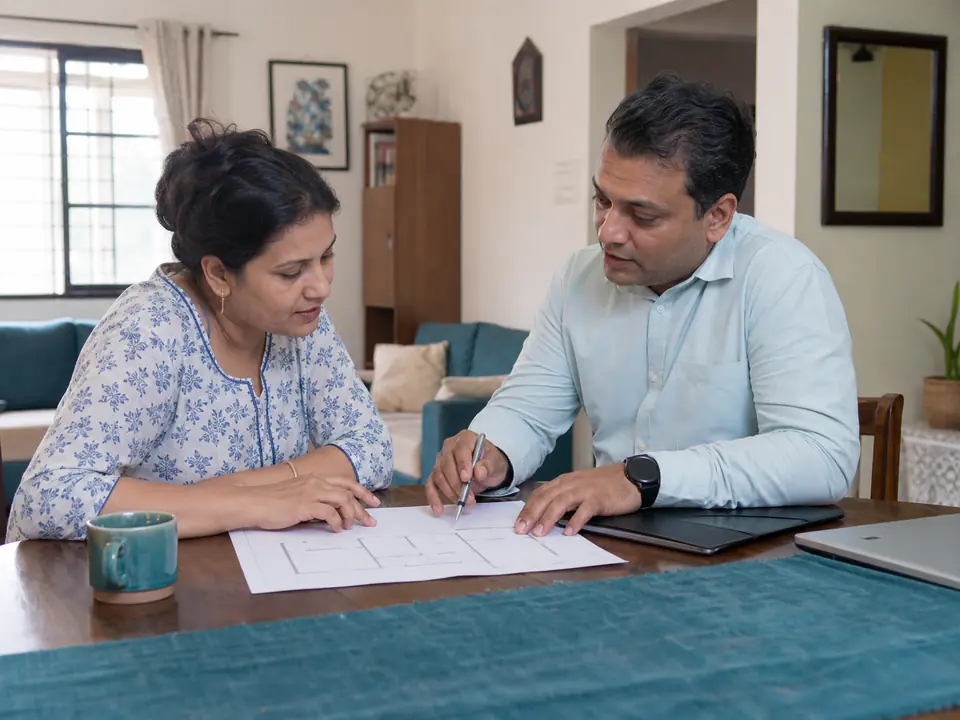 Property owner and adviser reviewing a plan and the next service step at home